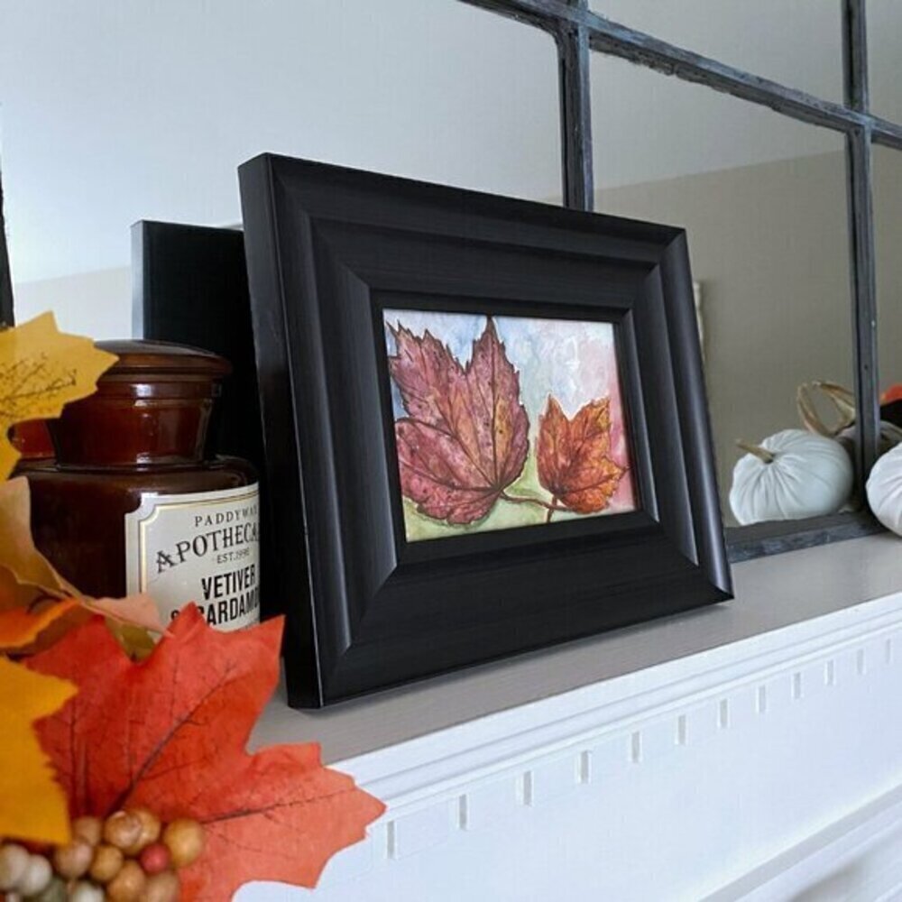 Framed Original Watercolor - Black Frame - Fall Autumn Leaves Colorful - Picture 3 of 5